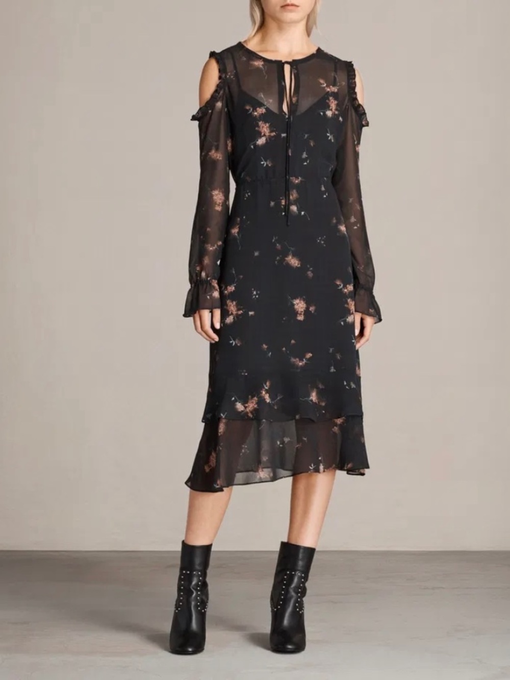 Allsaints Marissa maize cold shoulder floral midi dress $395 L large